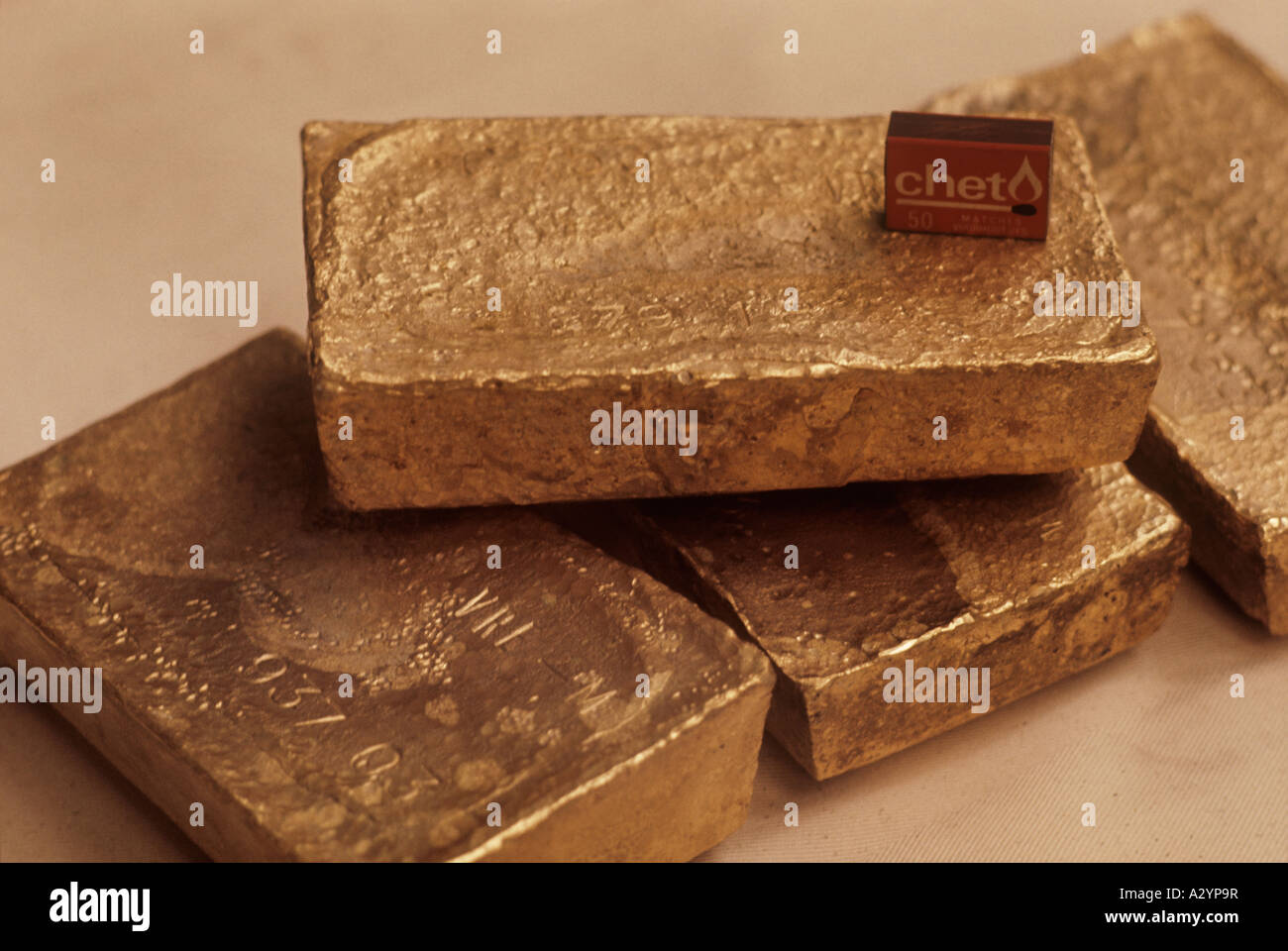 Solid gold ingots displayed at a South African gold mine Stock Photo