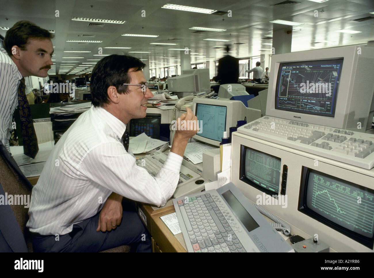 equity share dealing desk at warburgs Merchant bank in the City of London in the 1980s Stock Photo