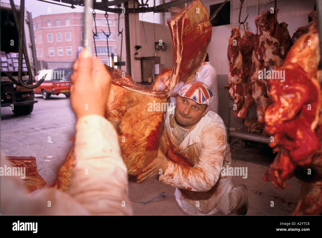 handling meat in abbatoir Stock Photo