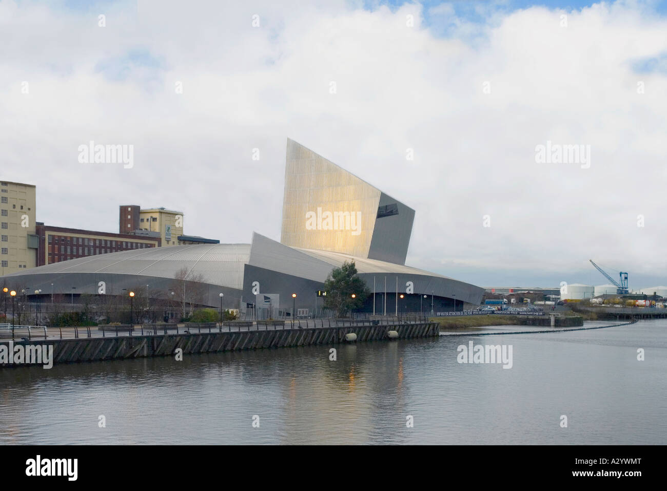 Imperial War Museum North in Salford Quays with early morning sun ...