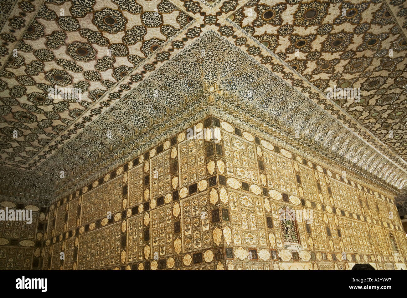 Ornate arcade decorated with tileworks inside Amber Palace Jaipur Rajasthan India Stock Photo