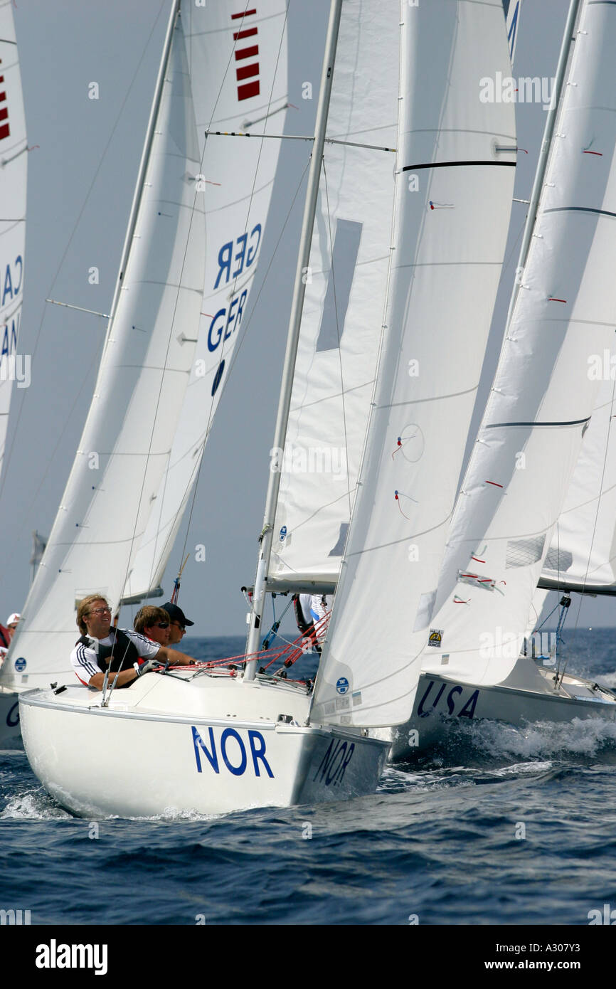 The Norwegian crew competing in the Mixed Sonar Sailing during the Athens 2004 Paralympic Games Stock Photo