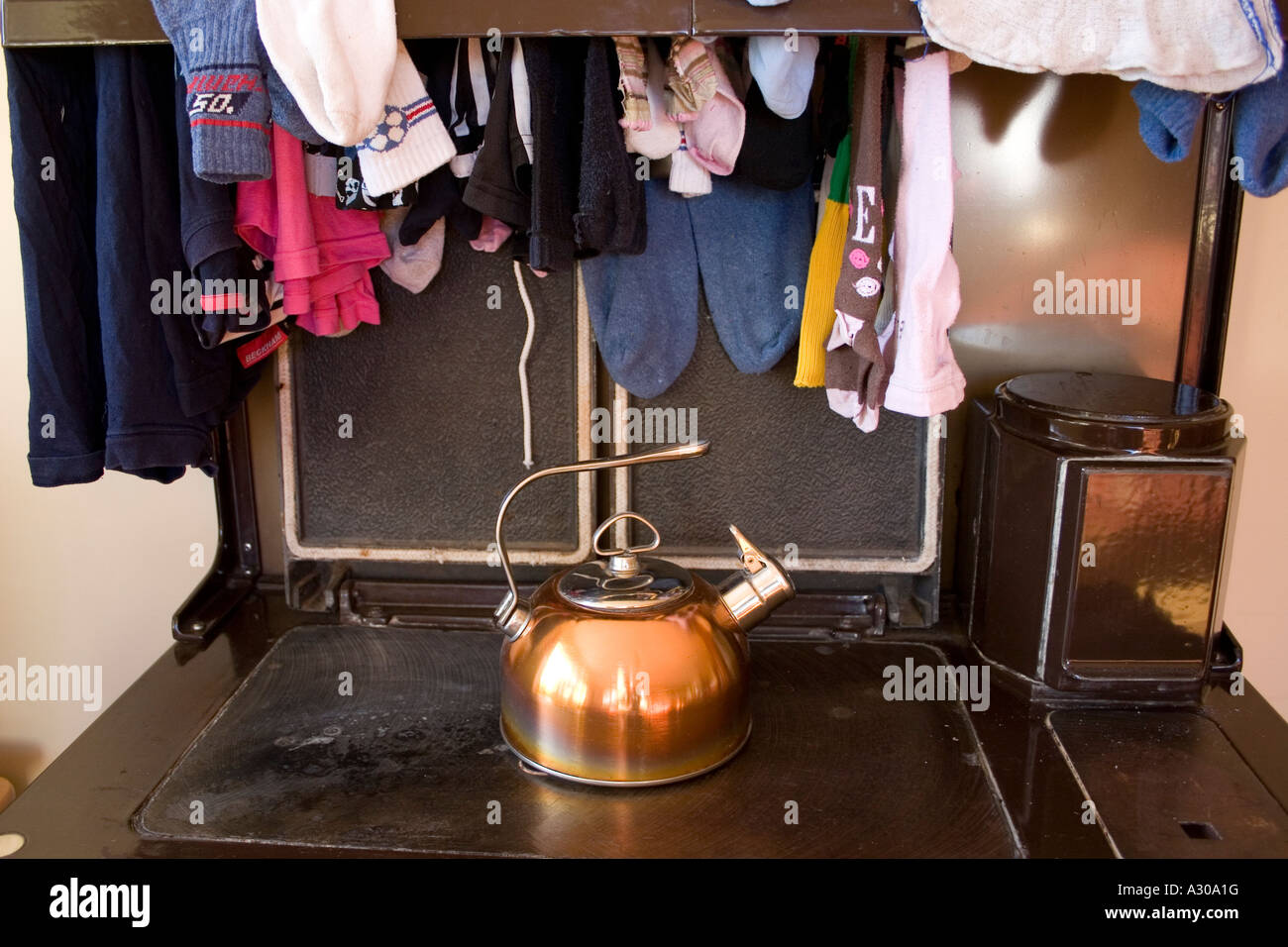 Copper Kettle on stove in Irish House Stock Photo Alamy