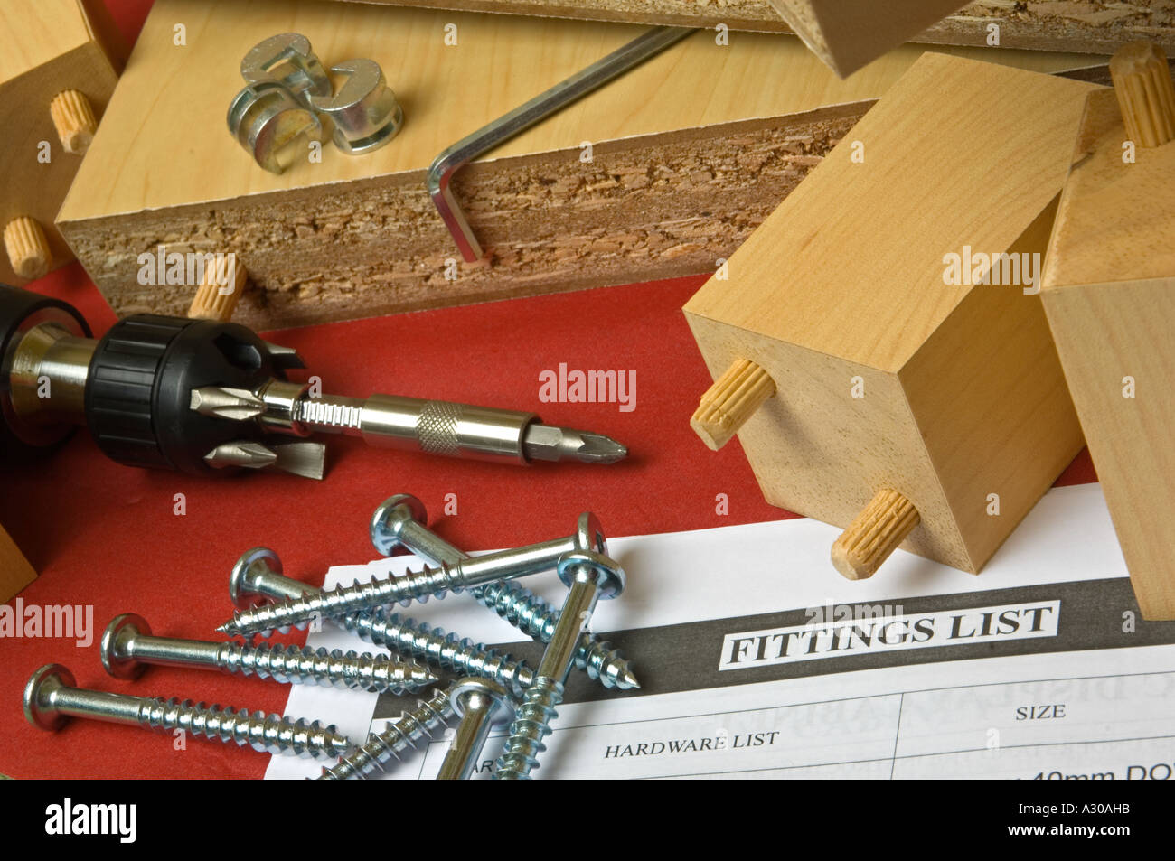 Flat Pack Furniture Fittings And Tools With Parts List Stock Photo Alamy