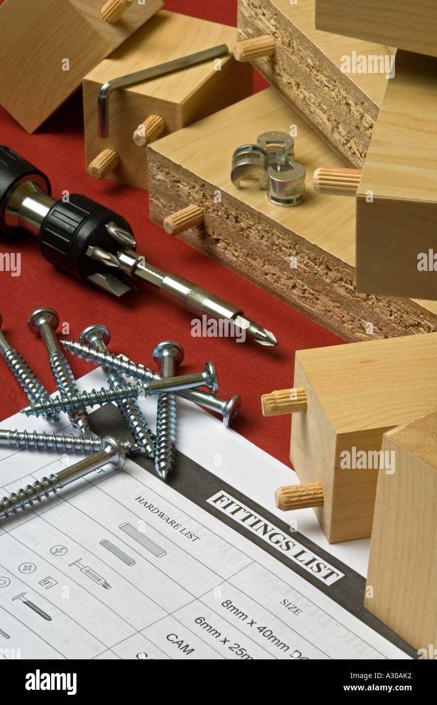 Flat pack furniture fittings and tools with parts list Stock Photo Alamy