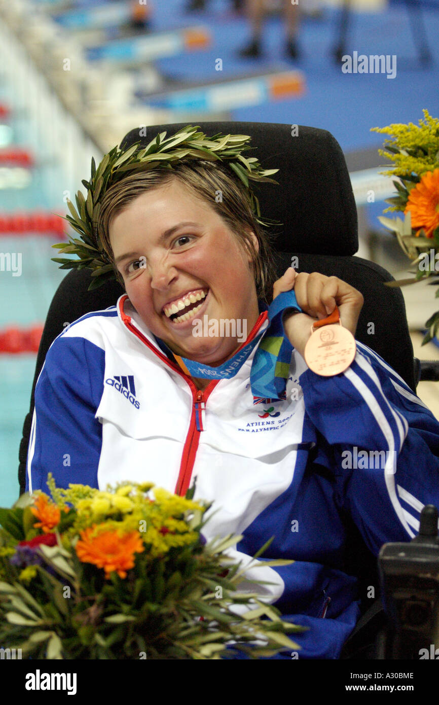 Danielle Watts of Great Britain wins Bronze Medal in the Womens 50m Backstroke S2 Final during the Athens 2004 Paralympic Games Stock Photo