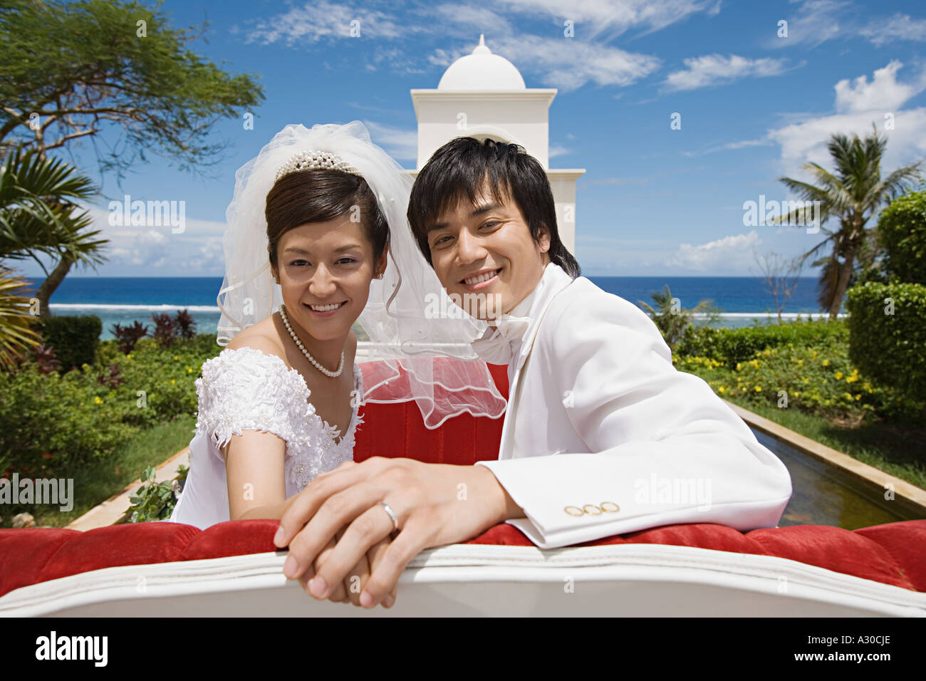 Newlyweds on horsedrawn carriage Stock Photo