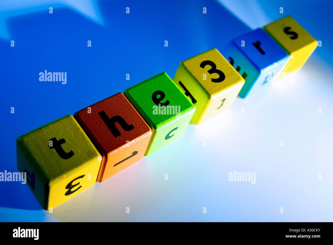 The 3 Rs spelt out by childrens alphabet building blocks Stock Photo
