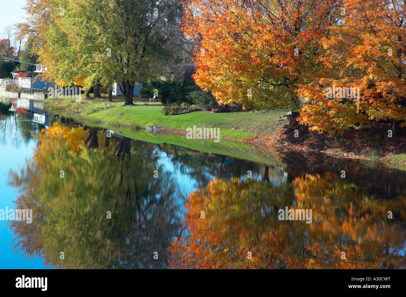 Autumn maples and willow reflected in a still river in Estrie Quebec Stock Photo