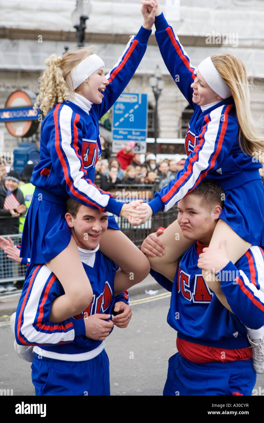 Four cheerleaders performing at the London New Year's Day Parade 2007 Stock Photo