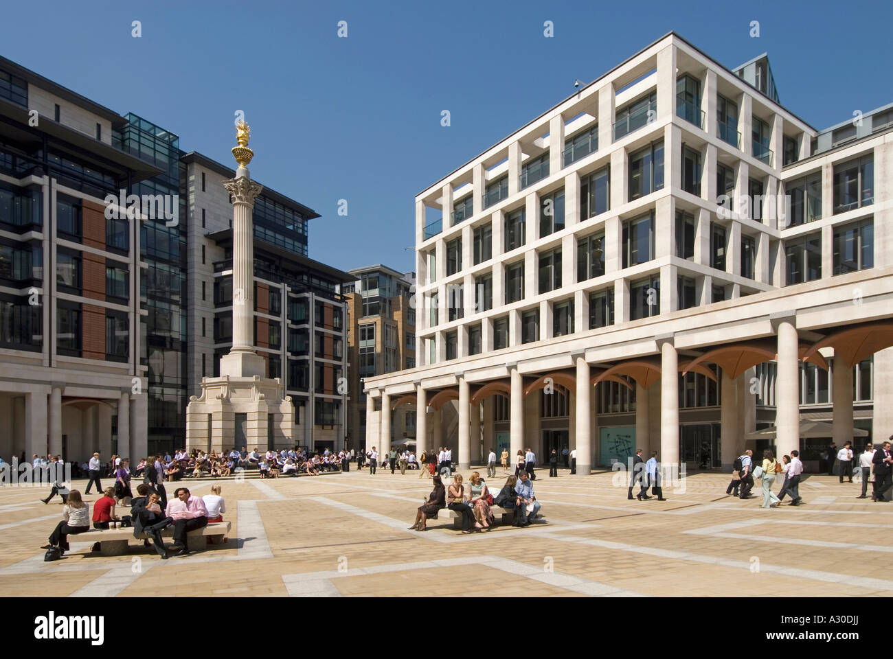 People in Paternoster Square & Portland stone Corinthian column  white office building & colonnade entrance to London Stock Exchange City of London UK Stock Photo
