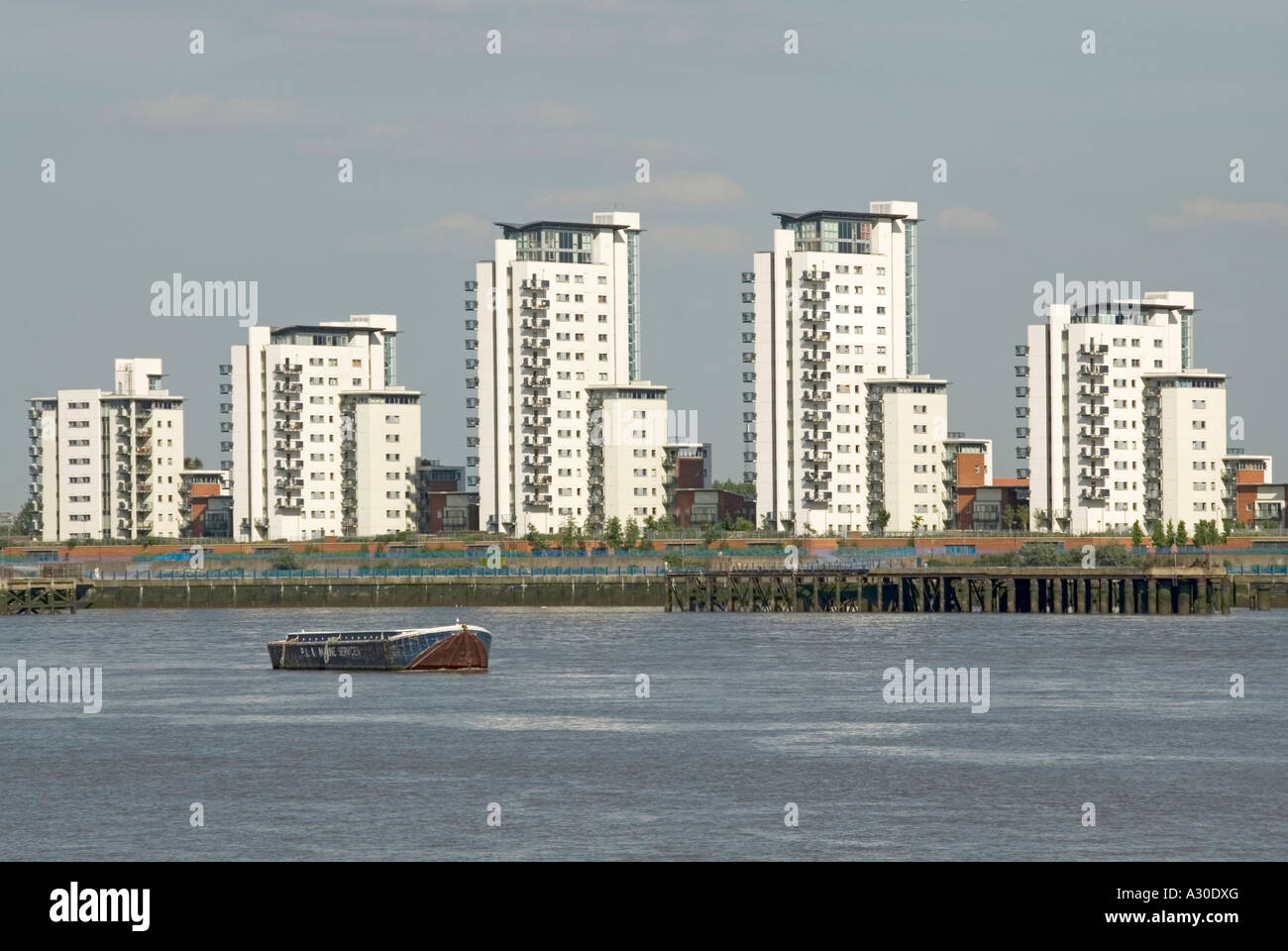 River Thames with Thamesmead housing estate seen from North Woolwich