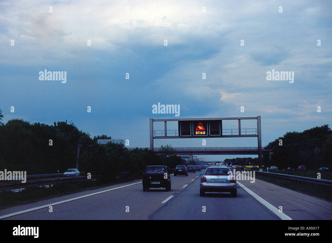 Autobahn traffic with sing for 'Stau Verkehrsleitsystem' (jam, traffic control), Bavraia, Germany,Europe. Photo by Willy Matheisl Stock Photo