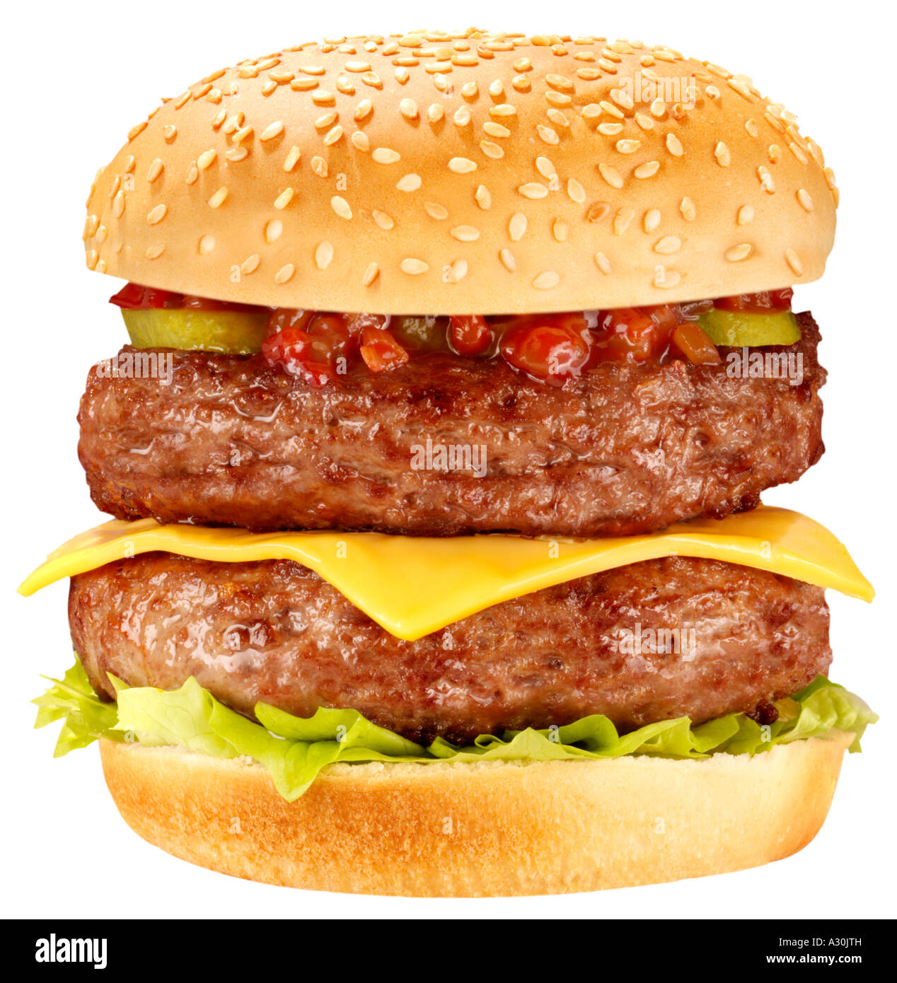 DOUBLE HAMBURGER / CHEESE BEEFBURGER CUT OUT Stock Photo
