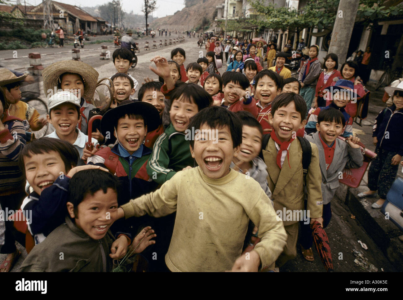 vietnam 1994 north vietnam halong bay hon gai group of laughing school children 1994 Stock Photo