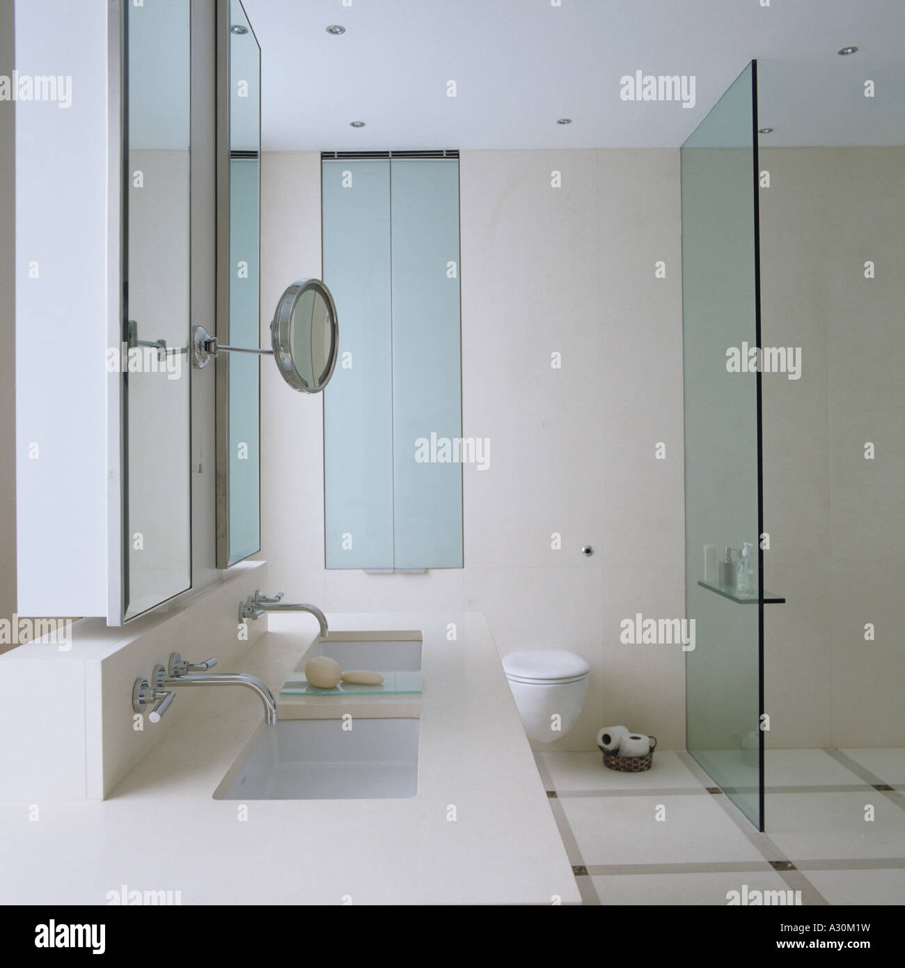 Modern bathroom with double sinks and glass shower screen Stock Photo