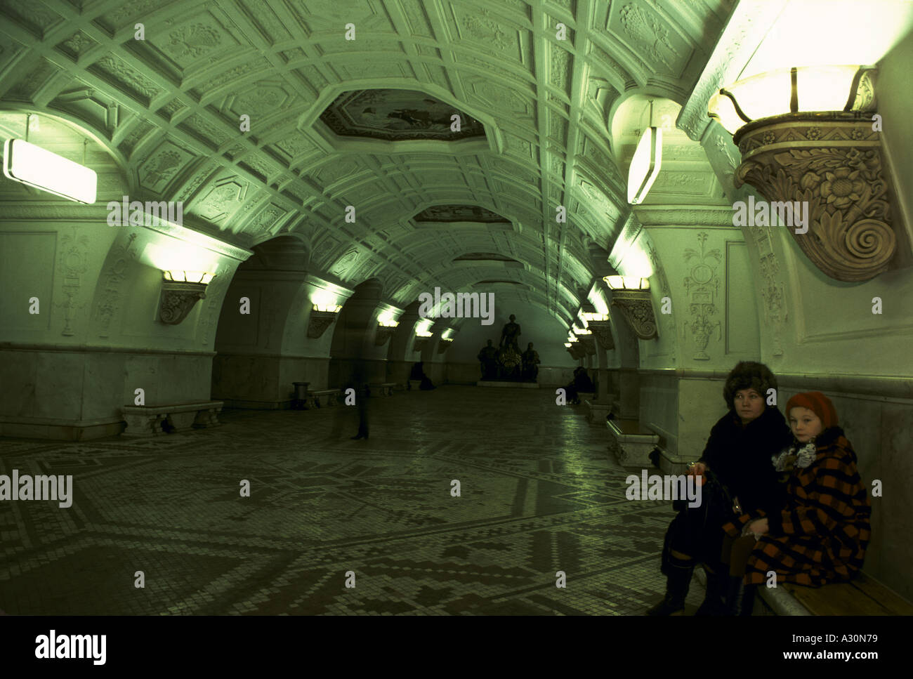 moscow st petersburg people sitting waiting between platforms in the historic metro moscow Stock Photo