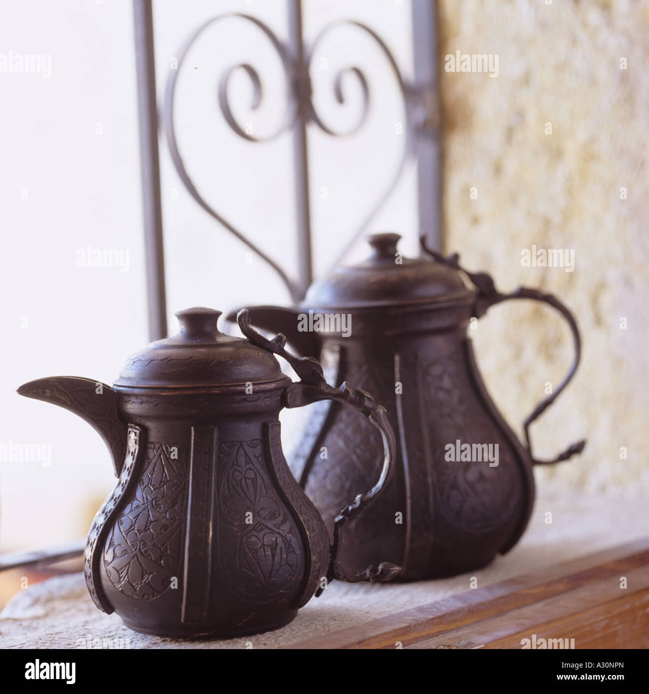 Shiny Vintage Metal Coffee Pot On White Table Stock Photo, Picture and  Royalty Free Image. Image 40463613.