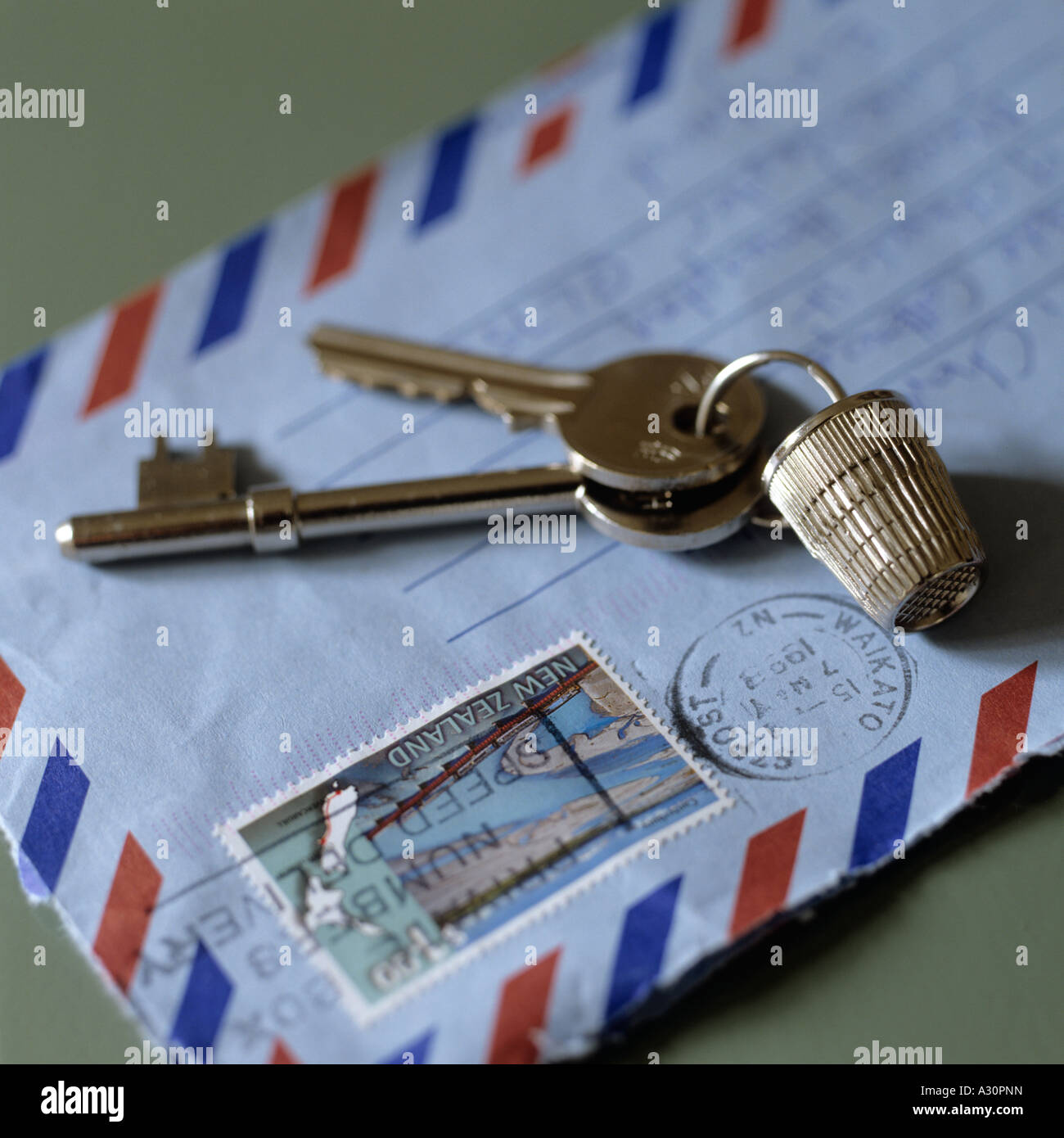 Close up of keys with a thimble keyring on a letter Stock Photo