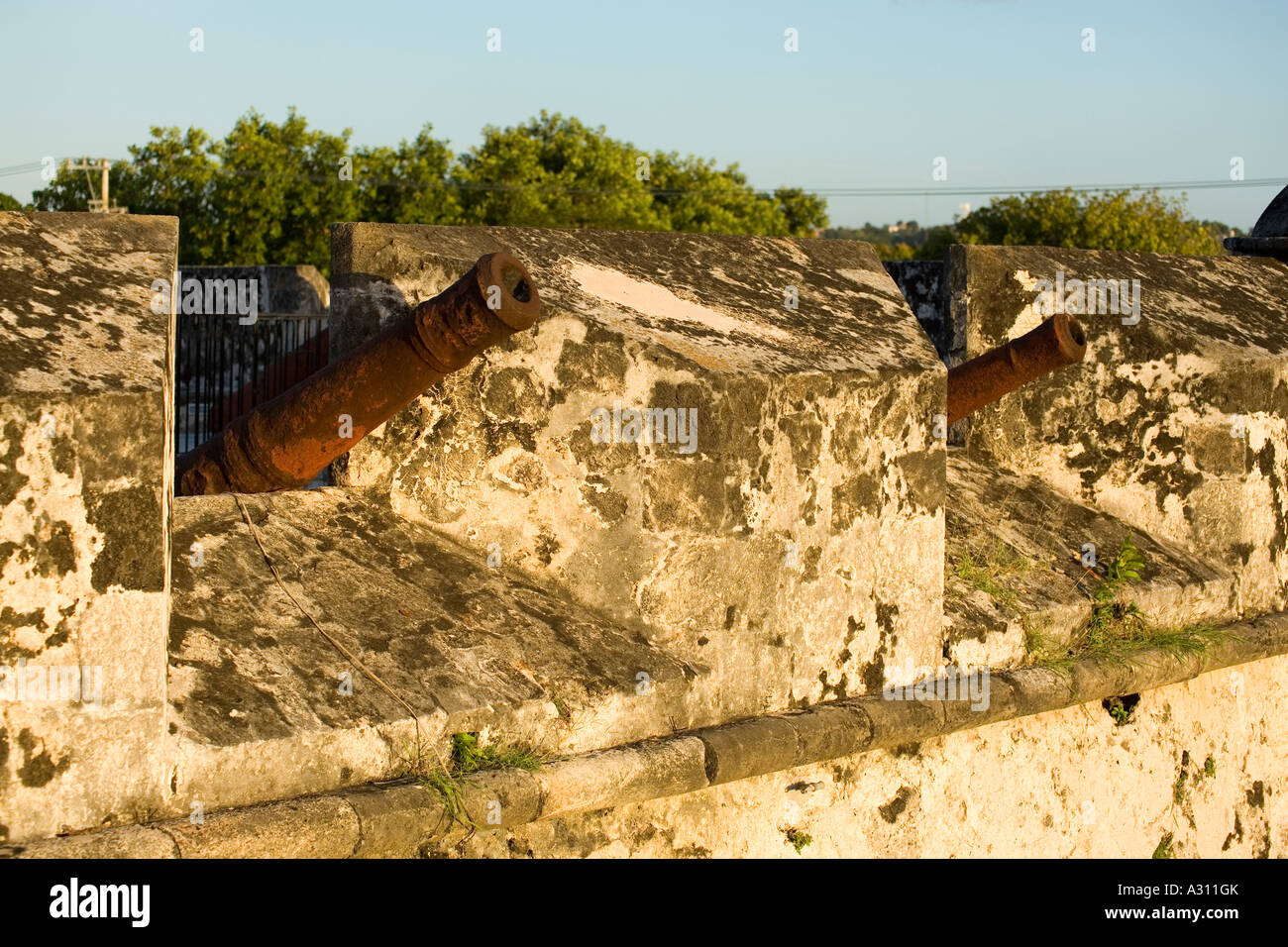 Cannons on the city walls that surround the colonial city of Campeche in Mexico Stock Photo