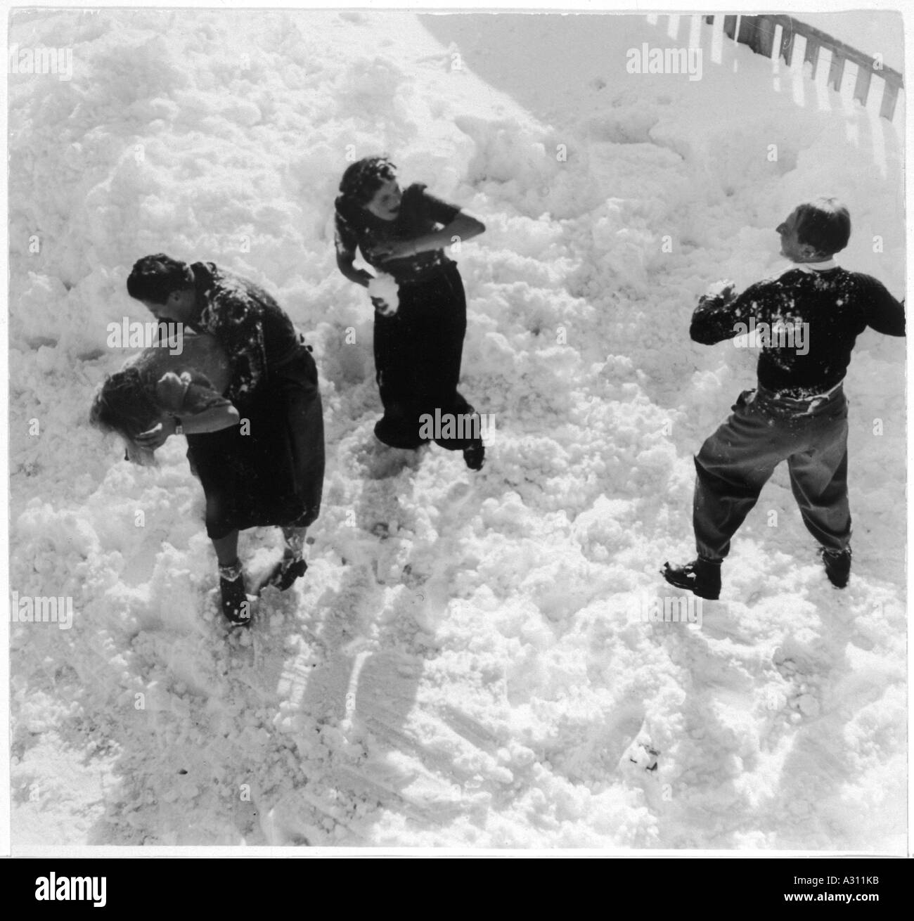 Snow Fight 1940s Stock Photo