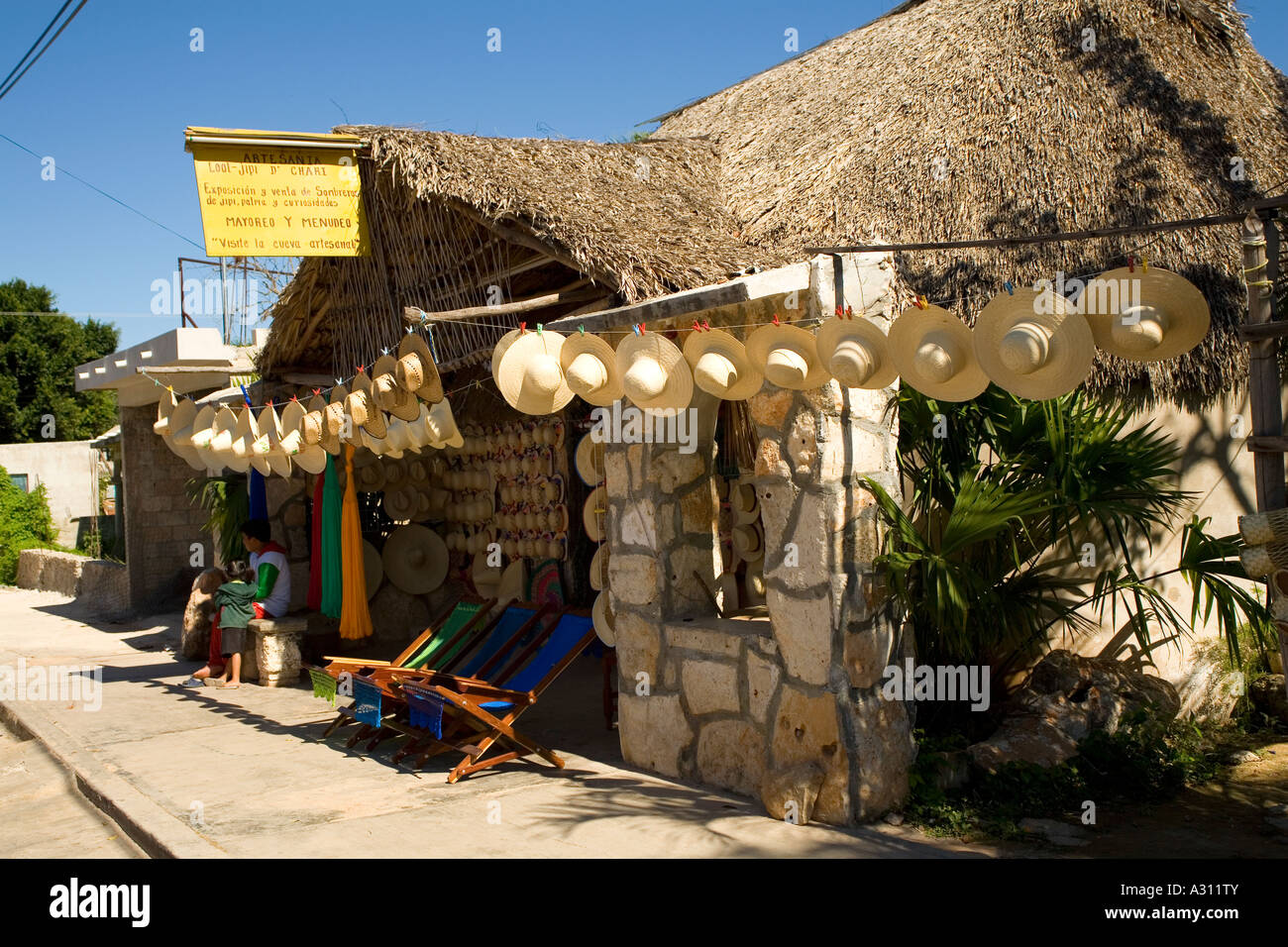 Shop display in Becal Mexico of its famous hand made panama straw hats ...