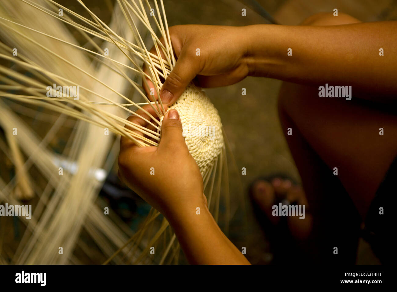 Woman braiding the famous panama straw hats in a traditional cave in ...