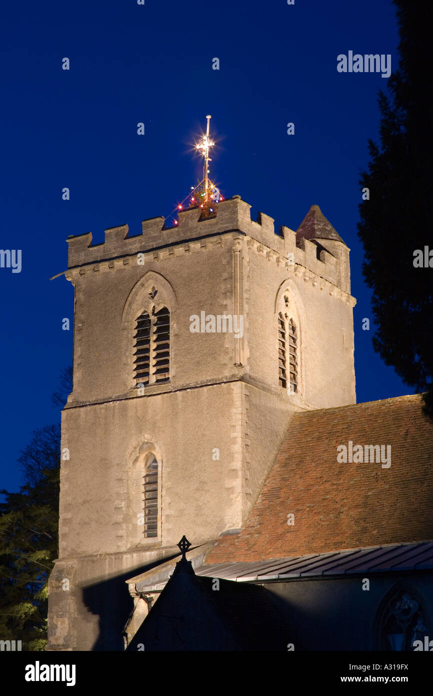 St Matthews Church, Harwell, Oxfordshire floodlit with Christmas lights Stock Photo
