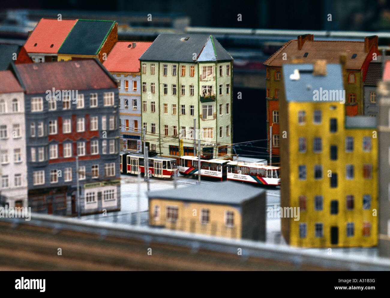 Model of city intersection with cable cars and apartment buildings Stock Photo