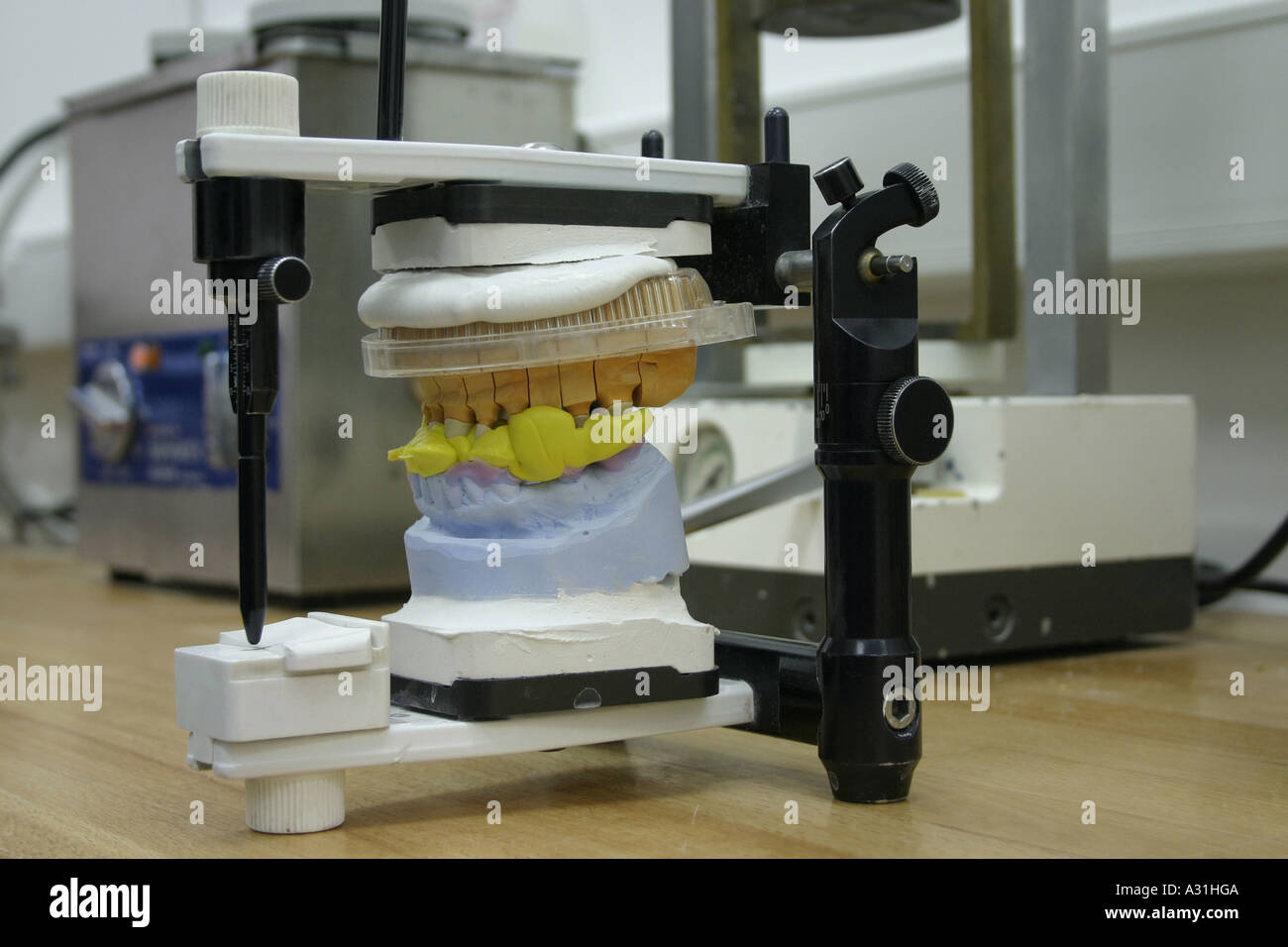 Dental equipments on laboratory table Stock Photo
