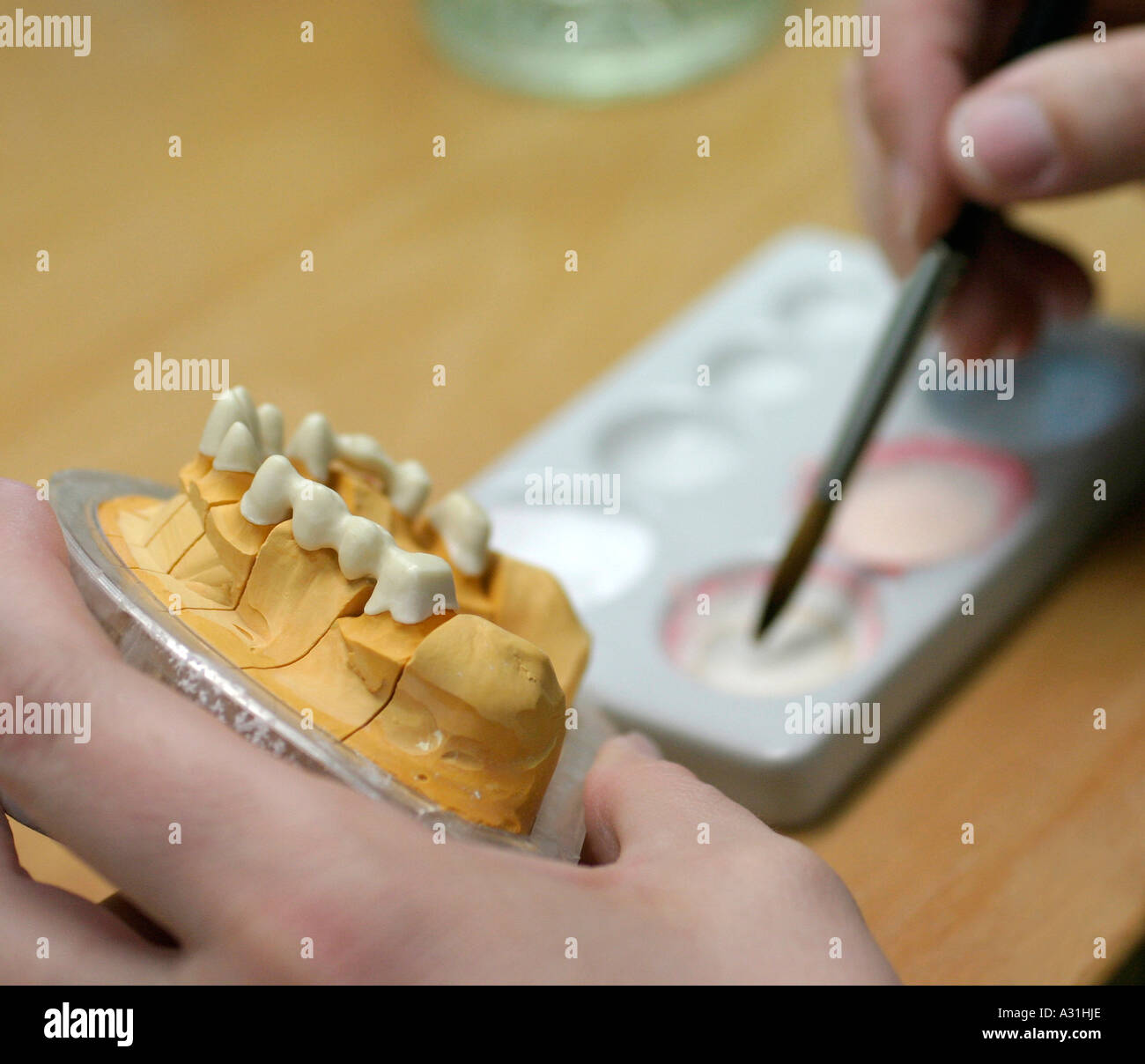Woman working on dental mould elevated view close up Stock Photo