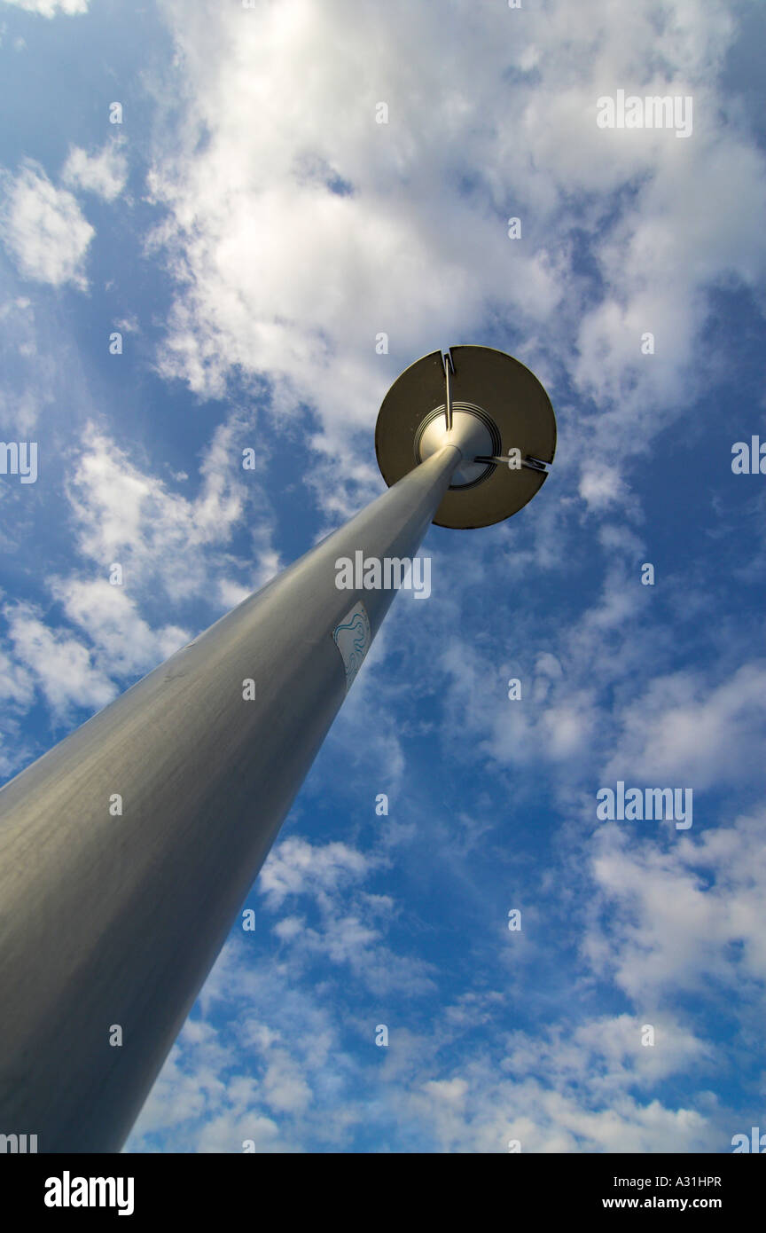 Looking up at modern light for illuminating pedestrian area on pole Stock Photo