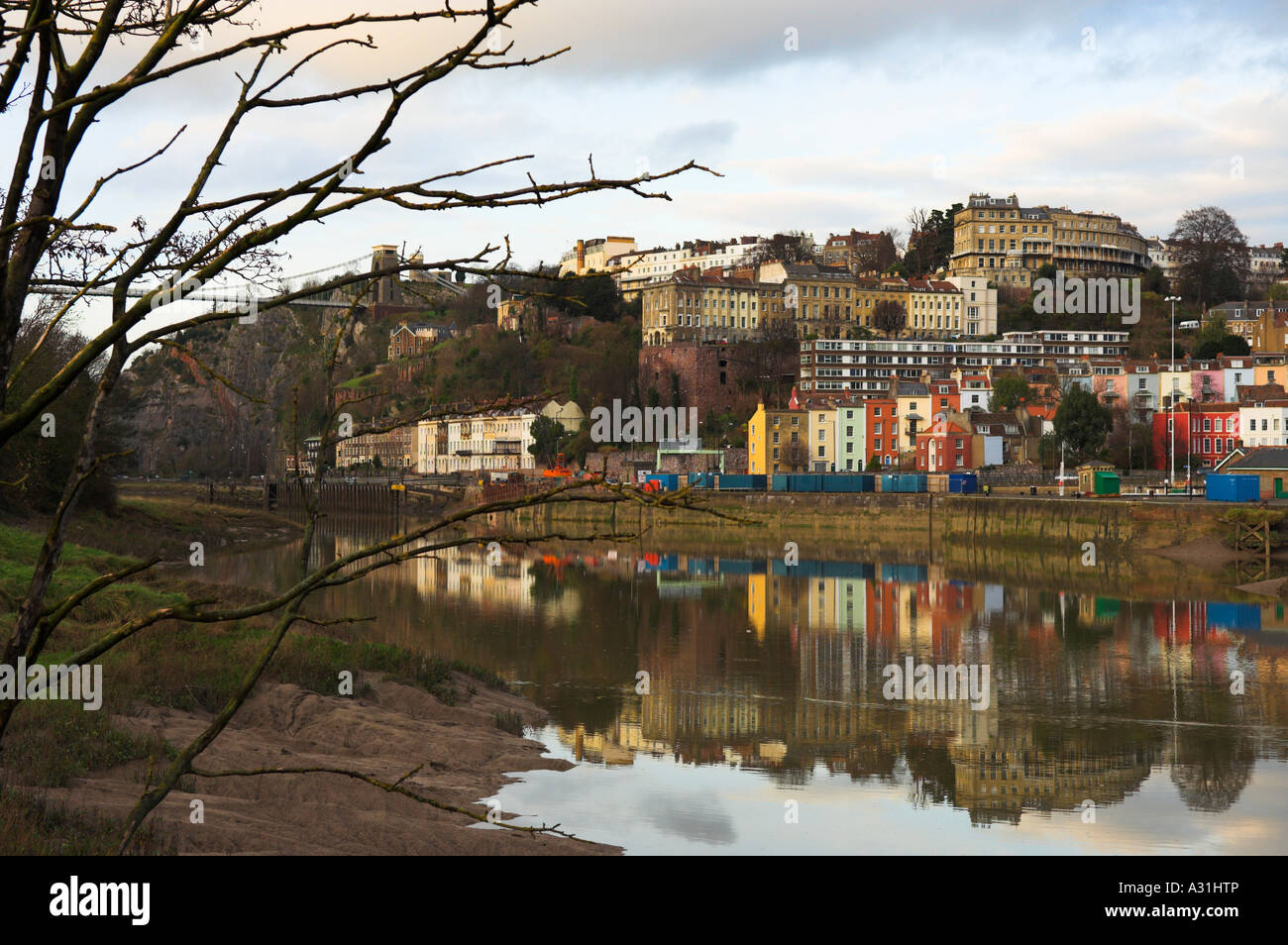 Clifton and 'Hot Wells' Bristol the suspension bridge The Paragon and houses with reflections in the river Stock Photo
