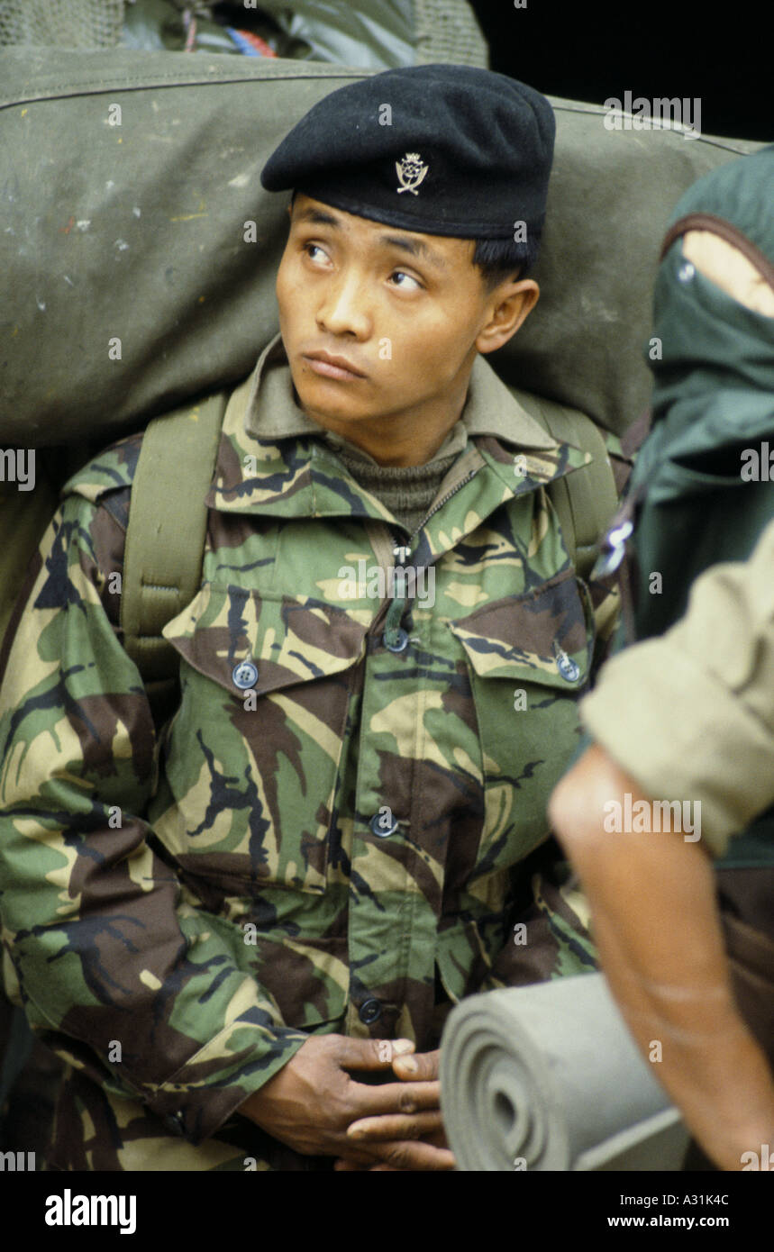 a gurkha soldier waits to depart for the falklands Stock Photo