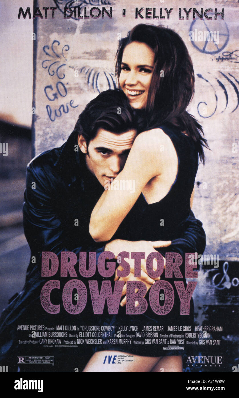 DRUGSTORE COWBOY poster for 1989 Avenue Pictures film with Matt Dillon and Kelly Lynch Stock Photo