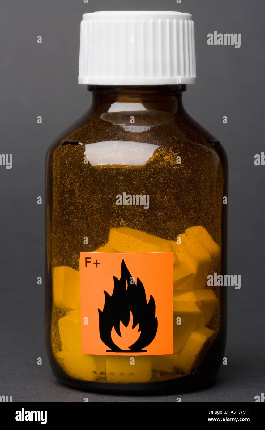 Flammable label on glass bottle containing tablets Stock Photo