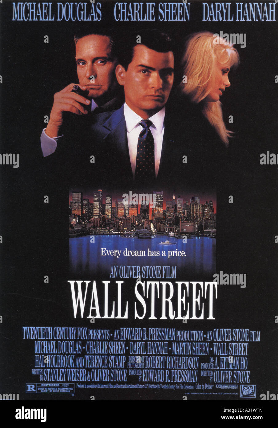 WALL STREET poster for  1987 Edward  Pressman film with Michael Douglas, Charlie Sheen and Daryl Hannah Stock Photo