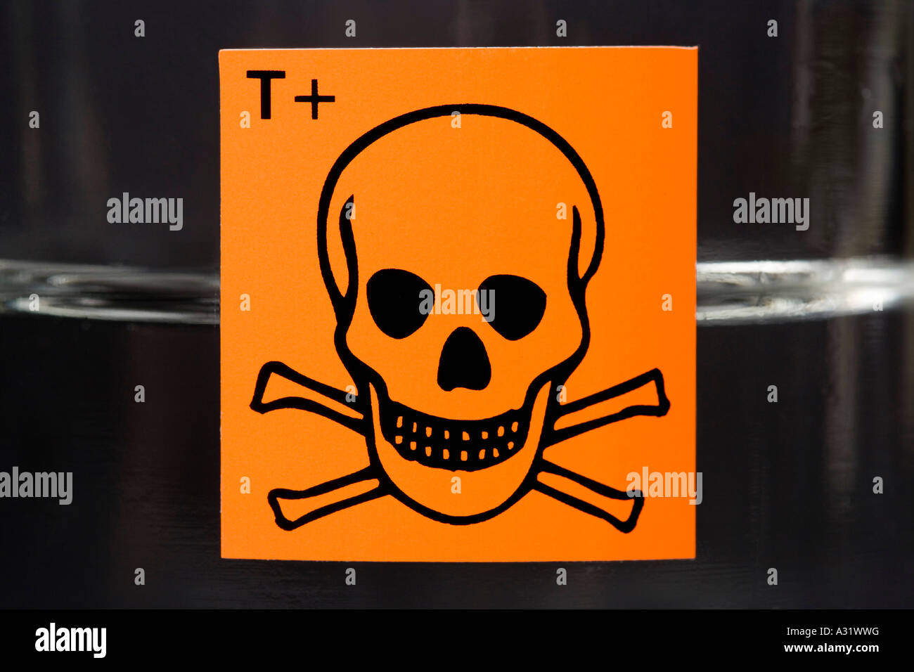 Toxic substance label with skull and crossbones on glass flask containing liquid Stock Photo