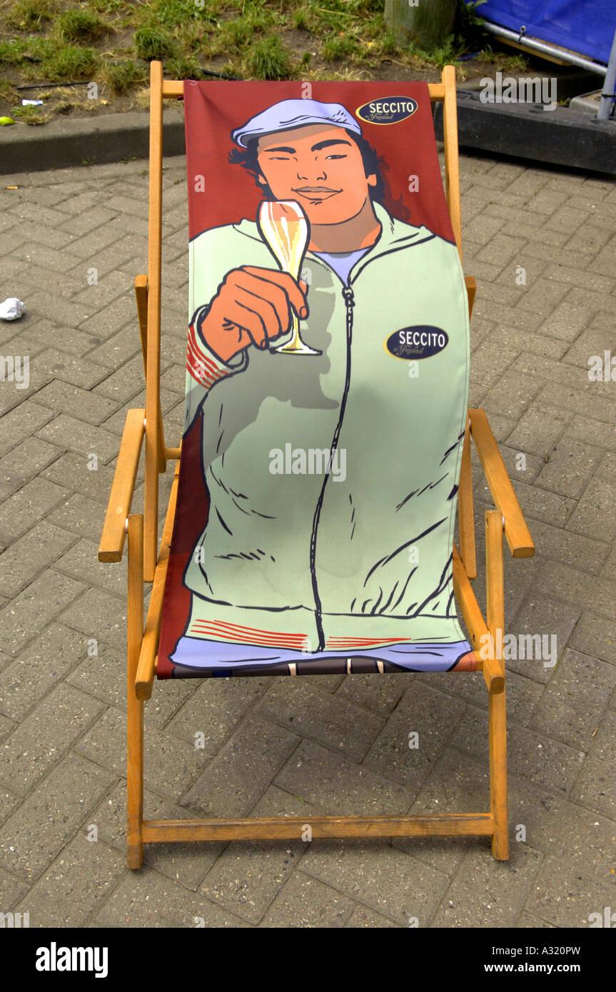 deck chair a time to make friends slogan fanfest hamburg germany world cup 2006 soccer football international sport vertical col Stock Photo