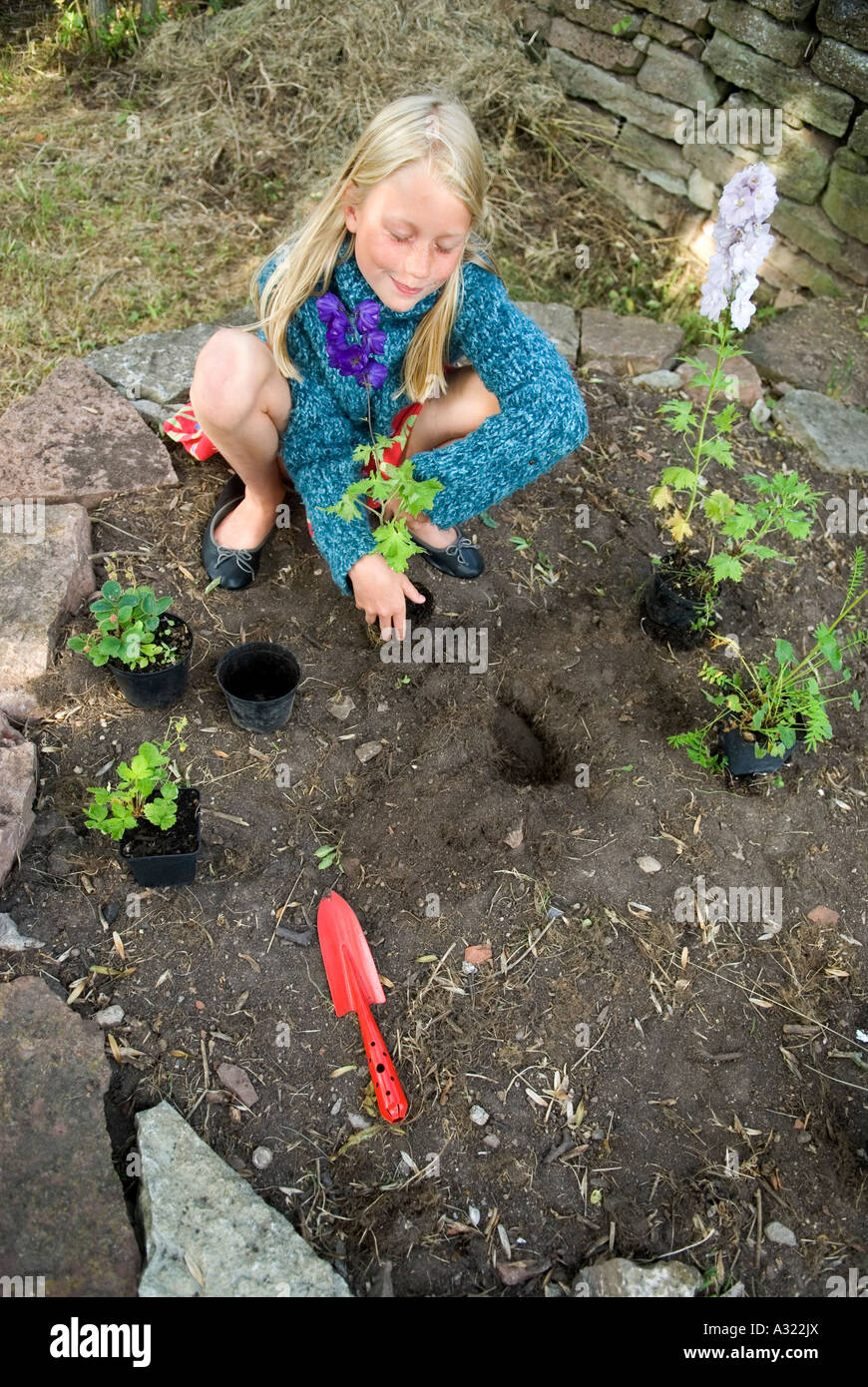 Girl planting flowers Stock Photo - Alamy