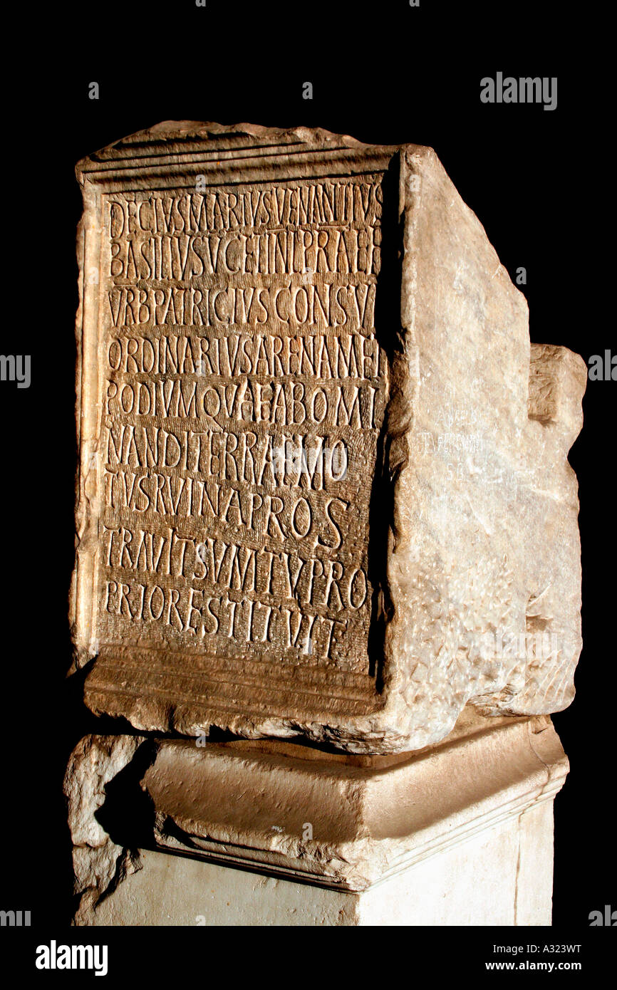 Carved marble plaque with Latin Inscription near the entrance to the