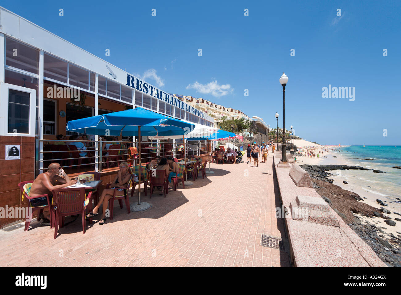Seafront restaurant in the old town, Jandia (Morro Jable), Fuerteventura, Canary Islands, Spain Stock Photo
