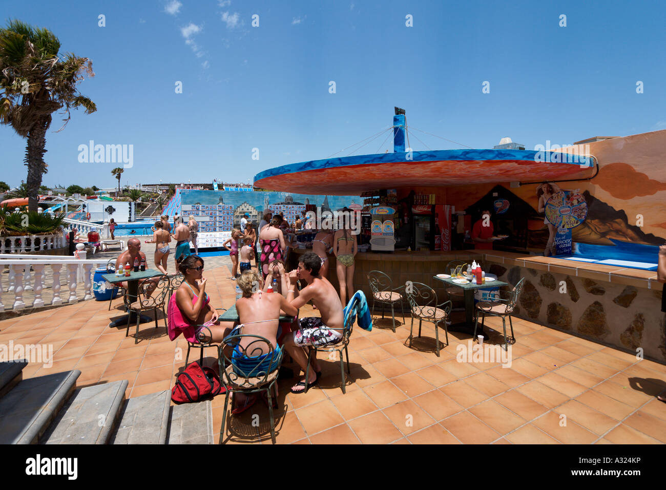 Cafeteria at the Aquapark in Costa Teguise, Lanzarote, Canary Islands, Spain Stock Photo