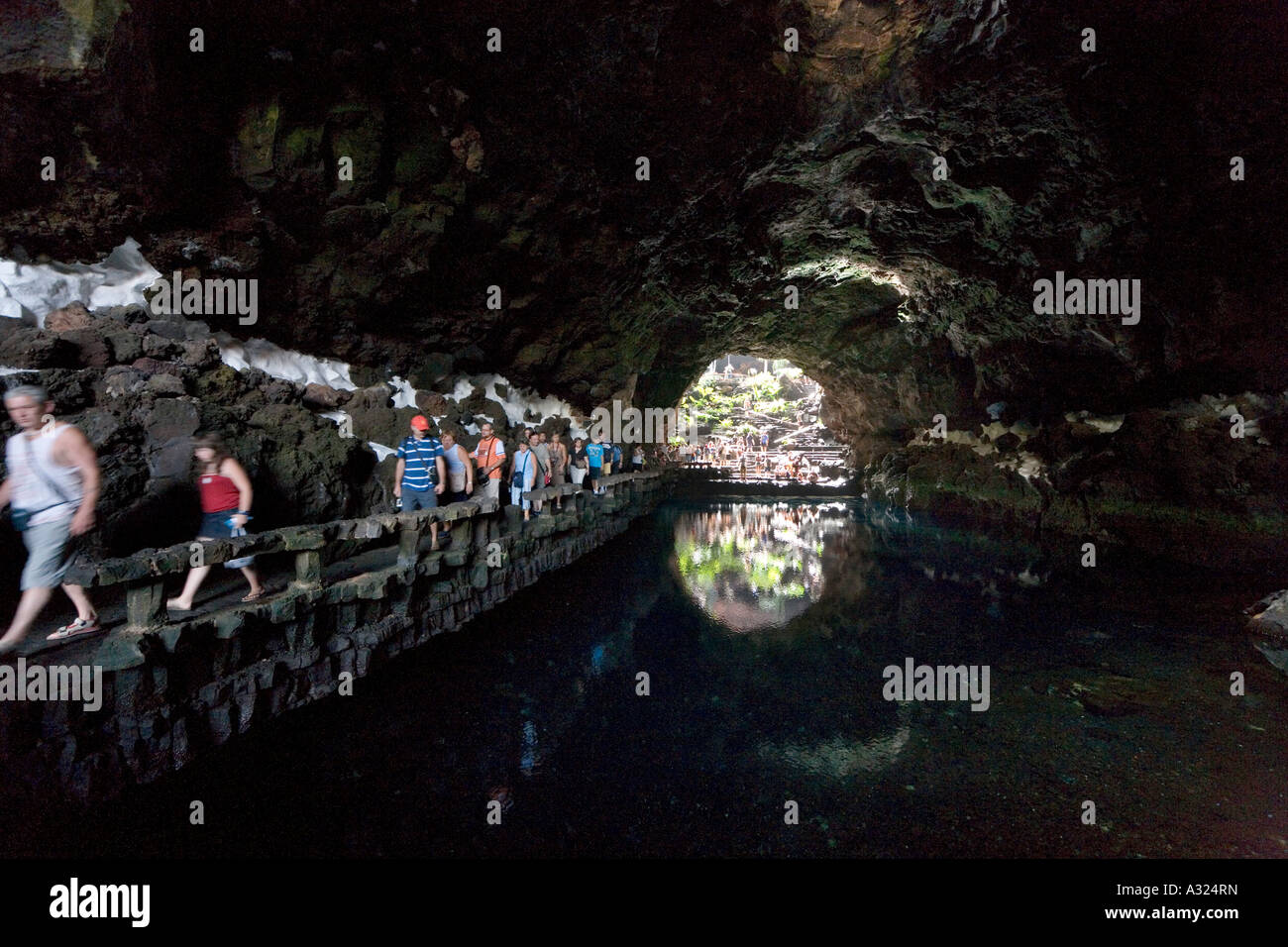 Cave with blind albino Remipedia crabs, Jameitos, Jameos del Agua, Lanzarote, Canary Islands, Spain Stock Photo