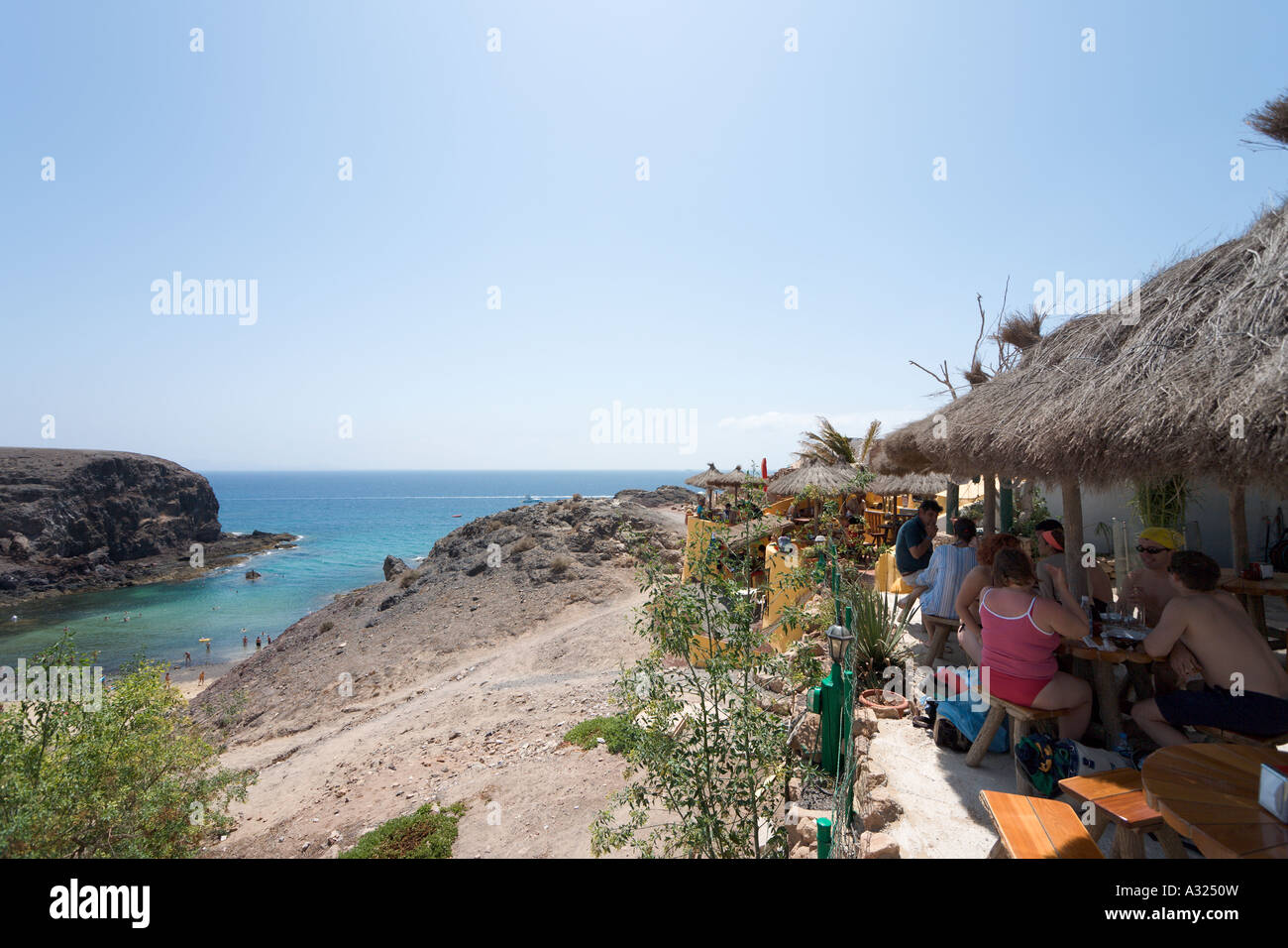 Clifftop restaurant, Playa de Papagayo, near Playa Blanca, Lanzarote, Canary Islands, Spain Stock Photo
