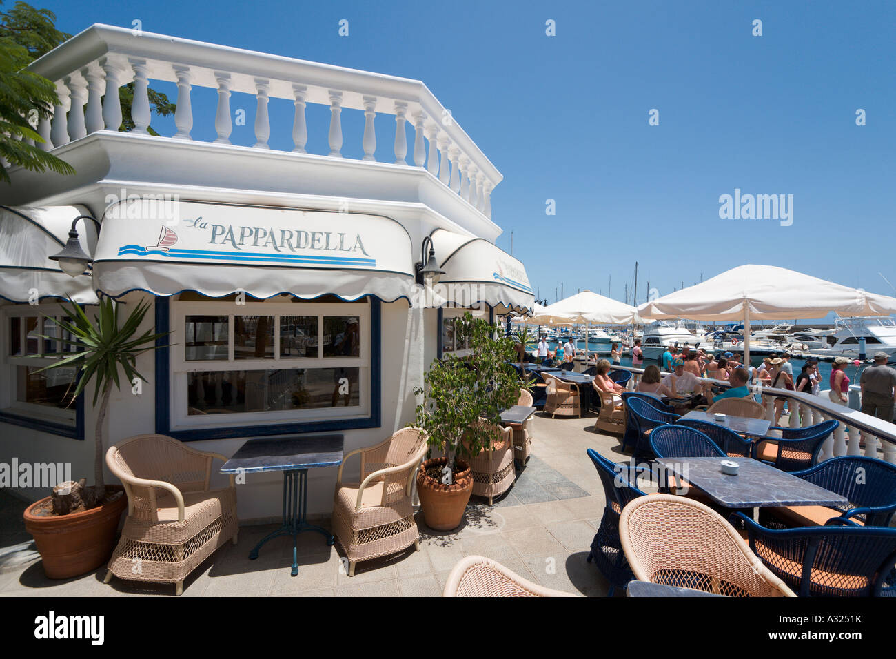 Quayside restaurant, Puerto Calero, Lanzarote, Canary Islands, Spain Stock Photo
