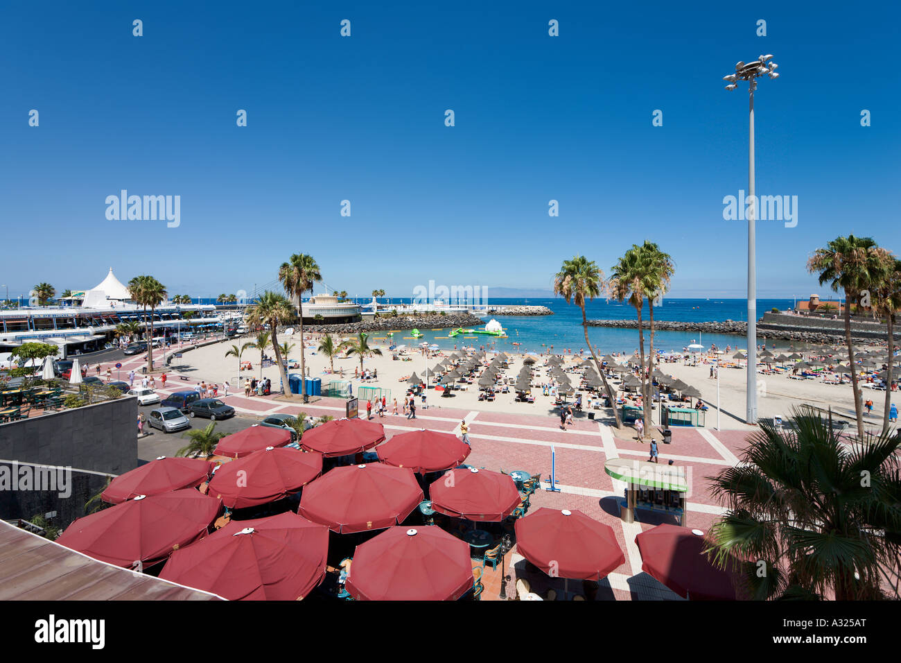 Beachfront Cafes, Playa de la Pinta, Costa Adeje, Playa de las Americas, Tenerife Canary Islands, Spain Stock Photo