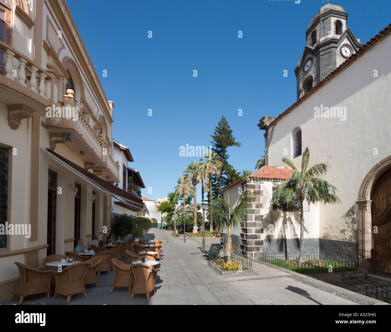 Restaurant and Church, Puerto de la Cruz, Tenerife, Canary Islands, Spain Stock Photo