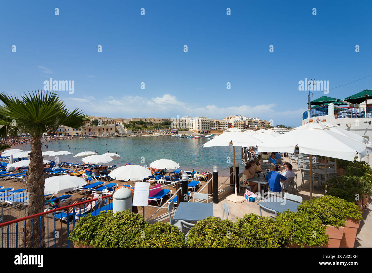 Beachfront Restaurant, St George's Bay, Malta Stock Photo