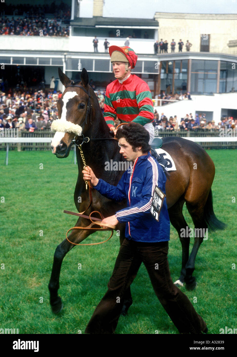 Vintage late 1970s UK Newmarket Racecourse Enid Calling and jockey going to the 1 000 Guineas start  Stock Photo